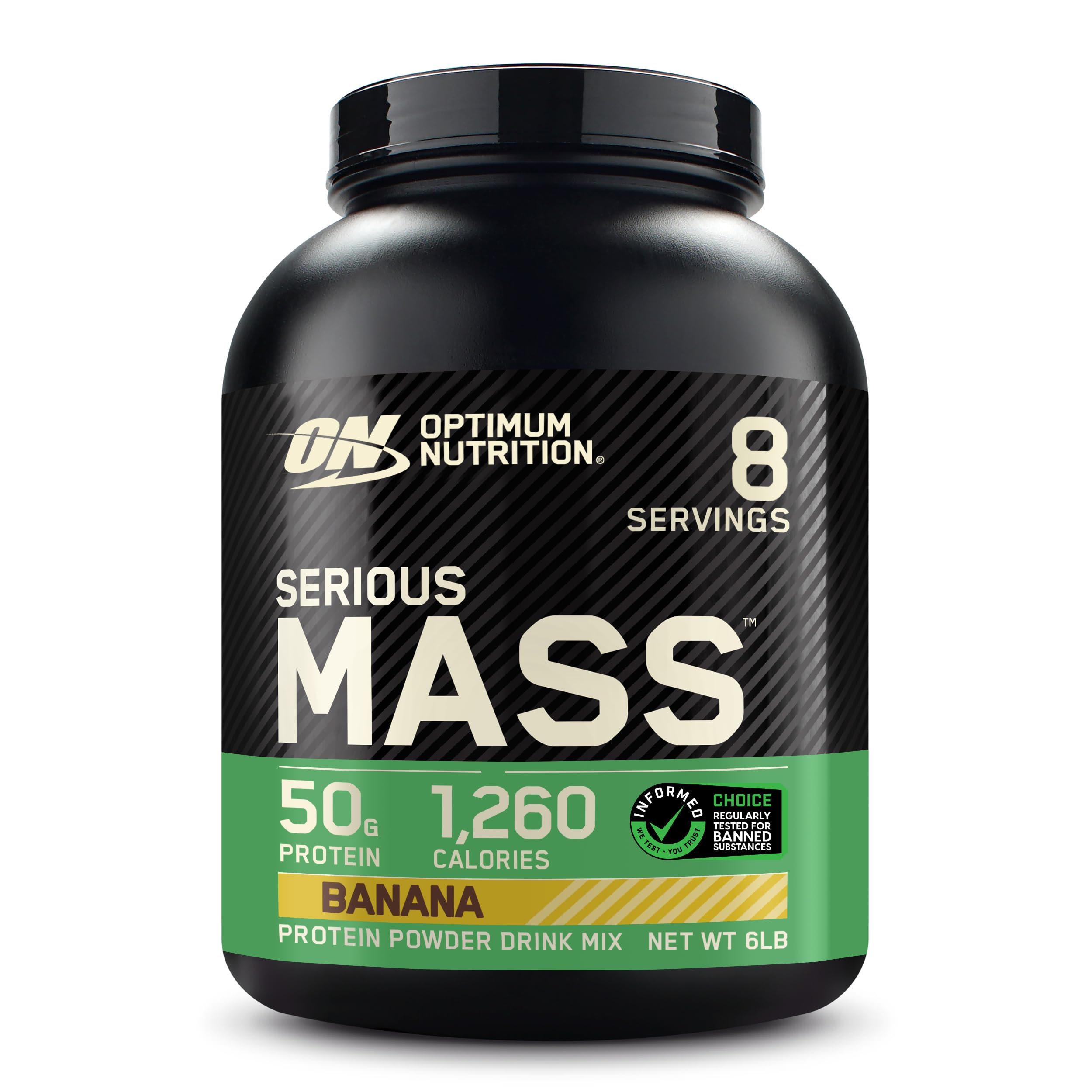 Optimum Nutrition Serious Mass banana bottle shows high-calorie nutrition for weight gain goals.