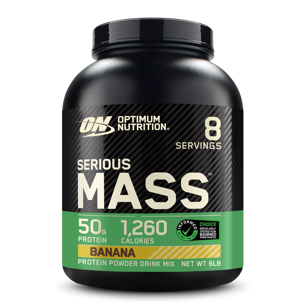Optimum Nutrition Serious Mass banana bottle shows high-calorie nutrition for weight gain goals.