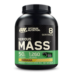 Optimum Nutrition Serious Mass banana bottle shows high-calorie nutrition for weight gain goals.