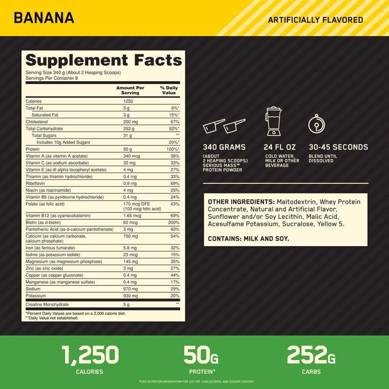 Optimum Nutrition Serious Mass scoop used for quick post-workout protein and carb boost.