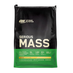 Optimum Nutrition Serious Mass banana tub with scoop highlights high-calorie weight gain shake
