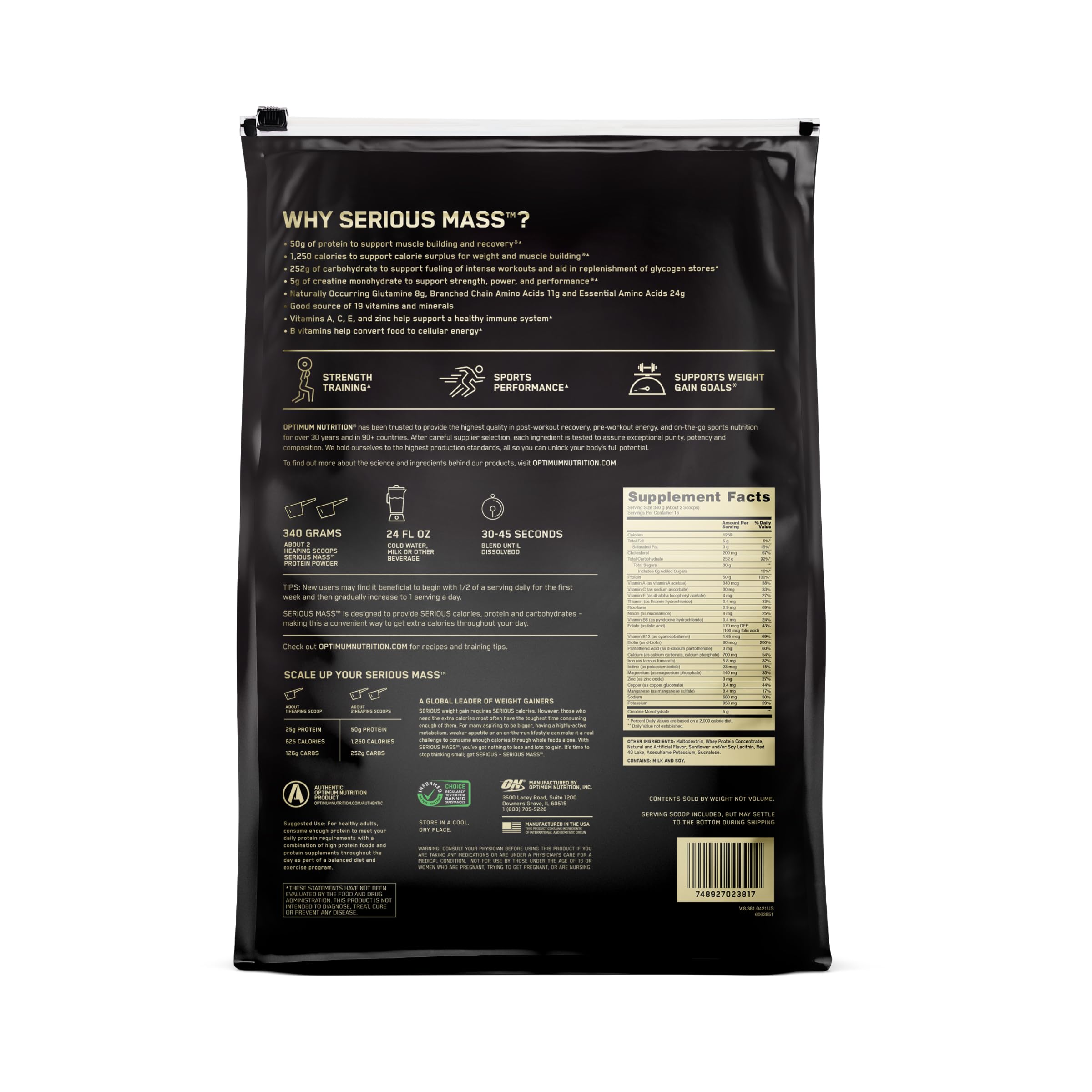 Optimum Nutrition Serious Mass bottle back showing supplement facts and immune-support nutrients