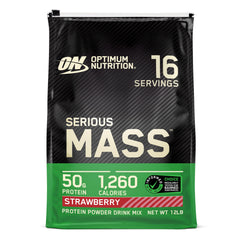 Optimum Nutrition Serious Mass bottle front with emphasis on high-calorie mass gainer for weight gain
