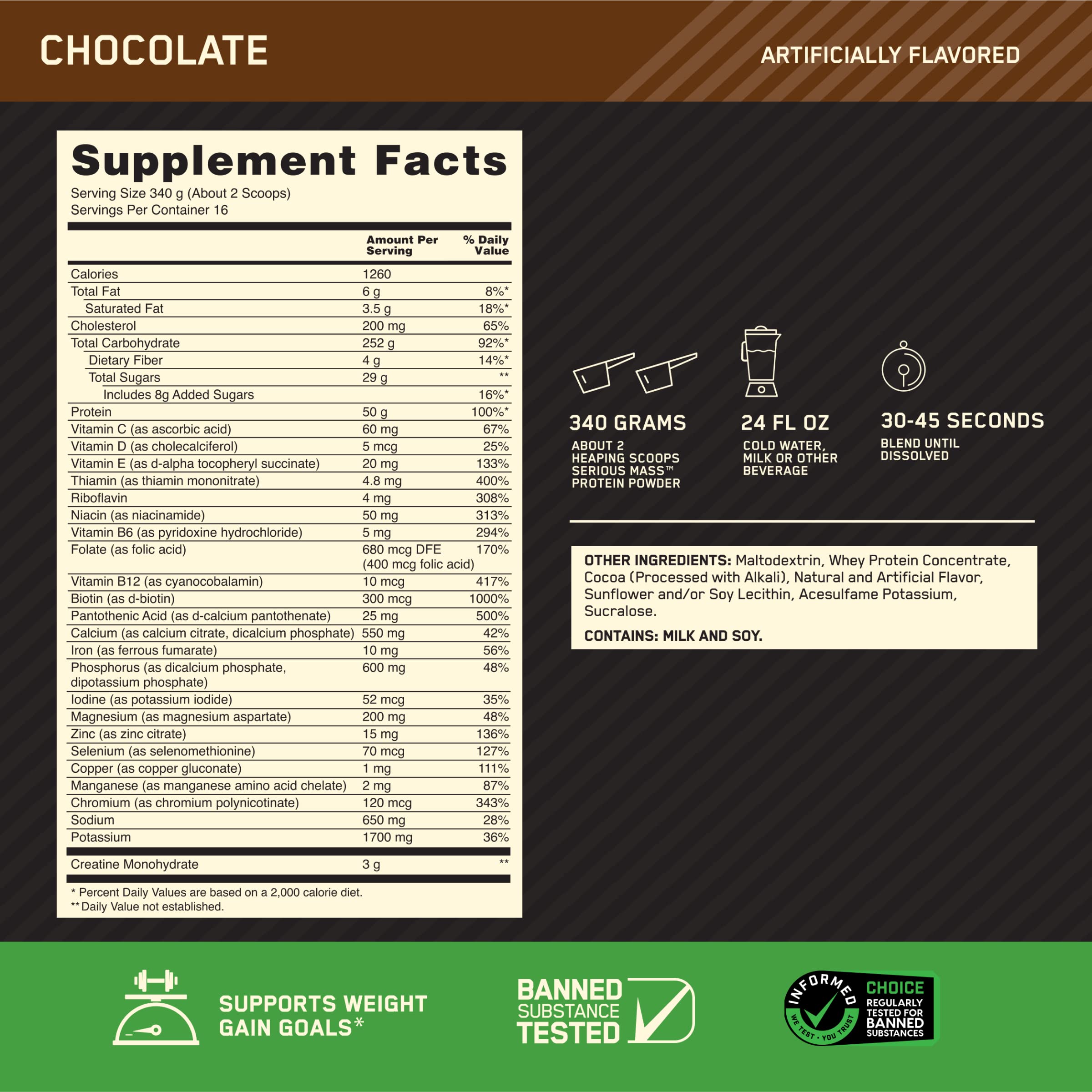 Optimum Nutrition Serious Mass chocolate nutrition label to help plan daily calories