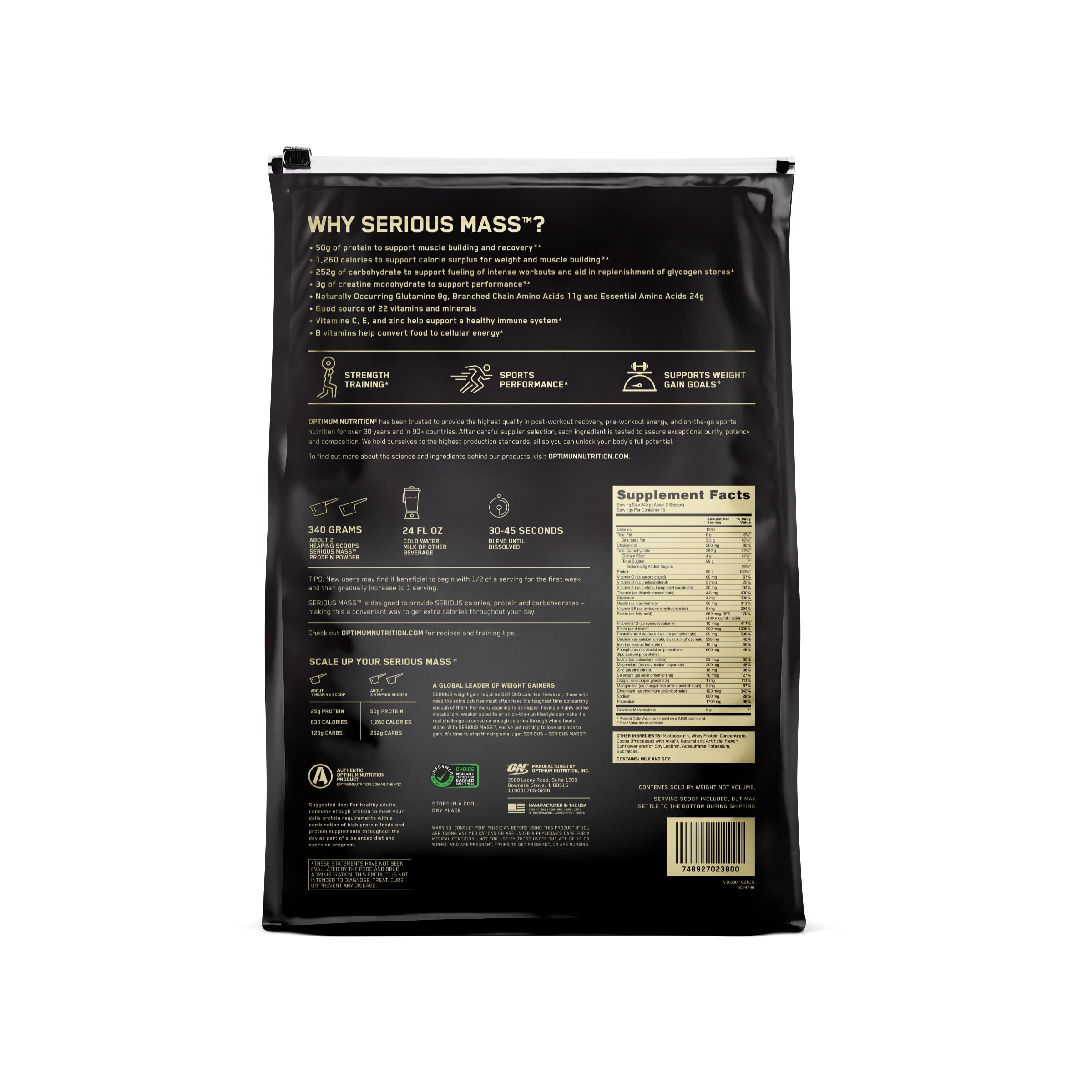 Optimum Nutrition Serious Mass chocolate tub with spoon ready for use