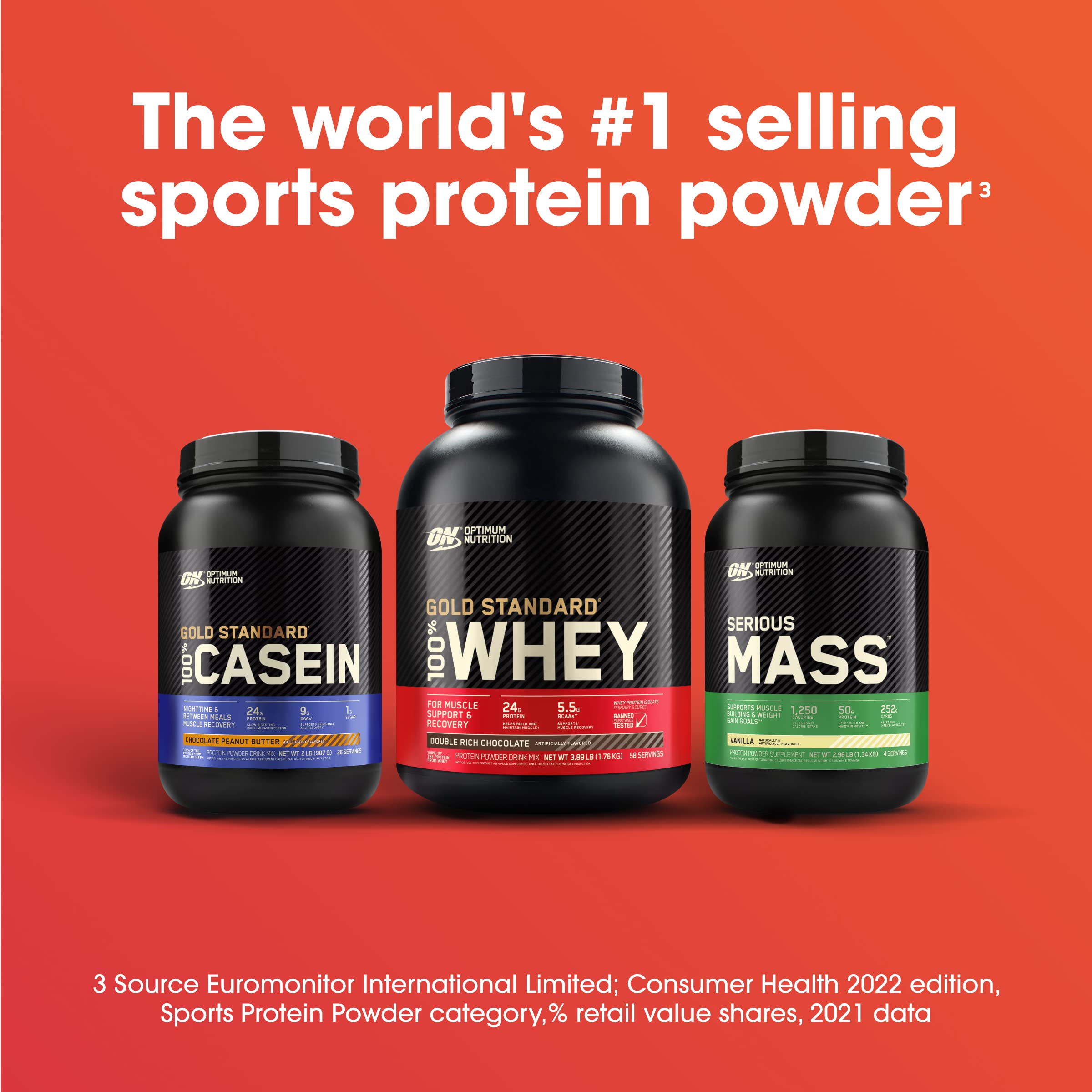 Optimum Nutrition Serious Mass chocolate powder being measured with a scoop