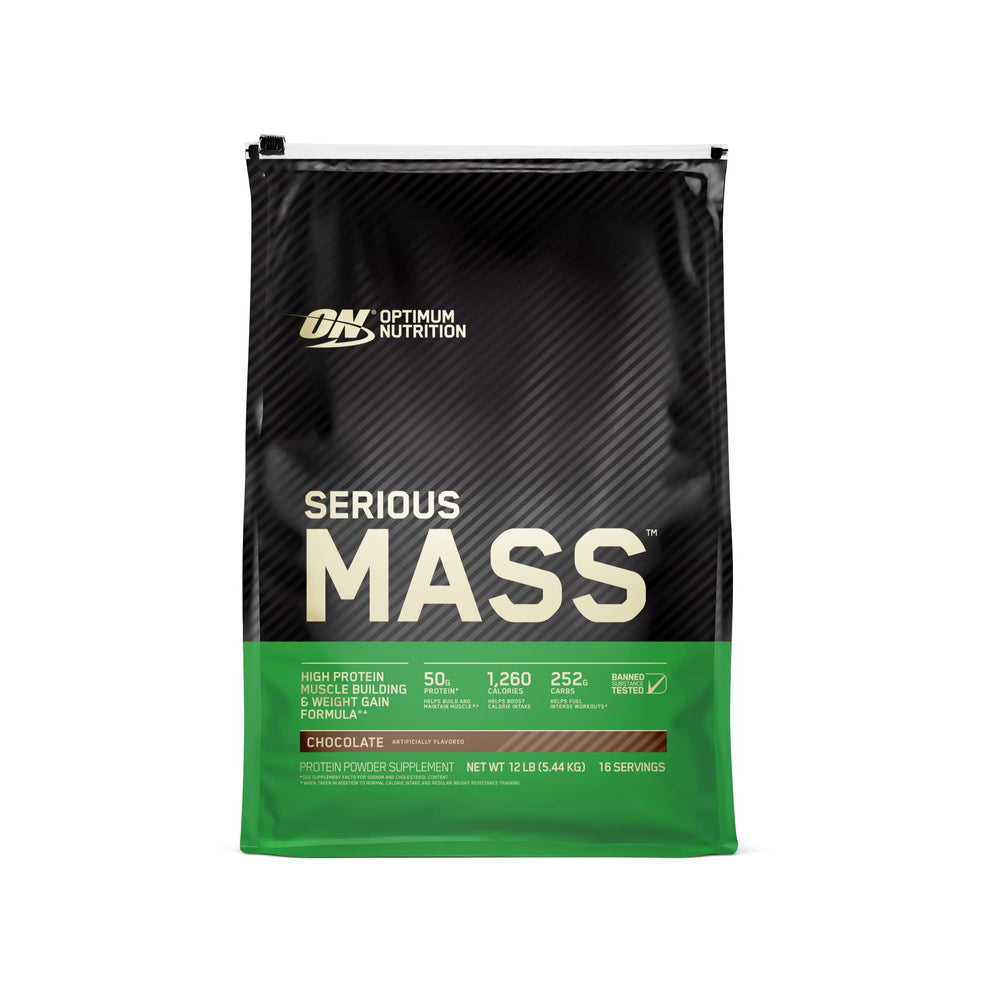 Optimum Nutrition Serious Mass chocolate tub front, highlighting a high-calorie mass gainer for workouts