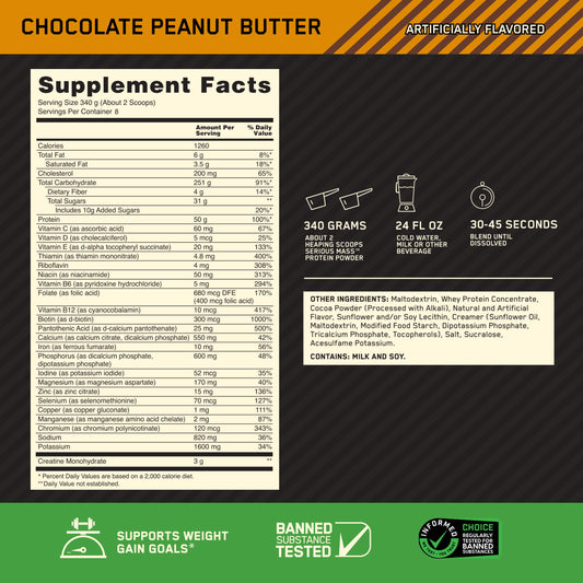 Optimum Nutrition Serious Mass container front showing label and calories