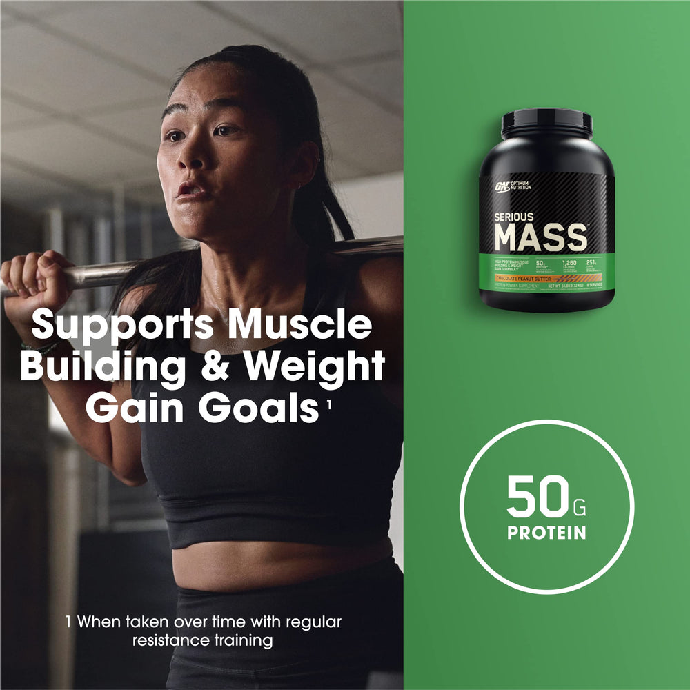 Optimum Nutrition Serious Mass chocolate peanut butter flavor in glass