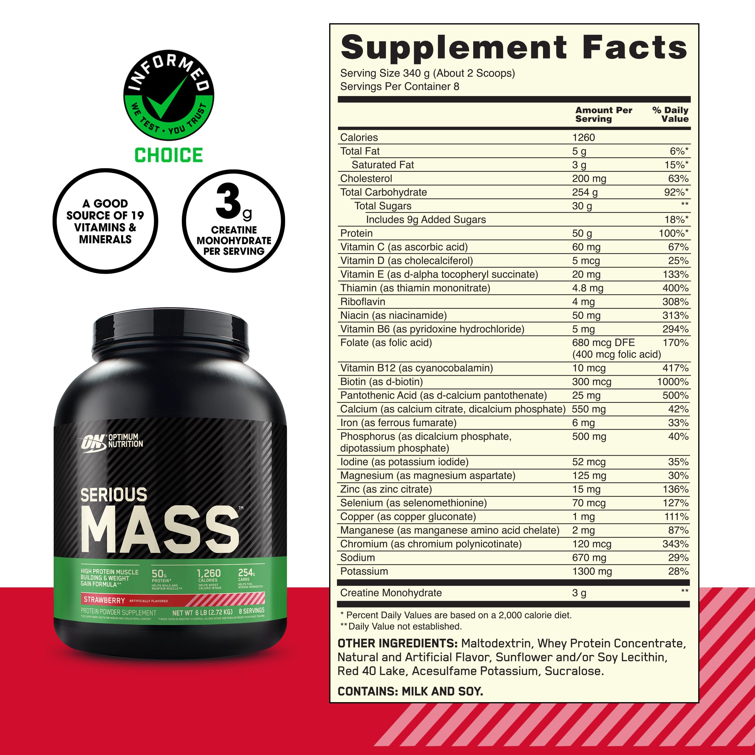 Optimum Nutrition Serious Mass ingredients highlighting vitamins and minerals.