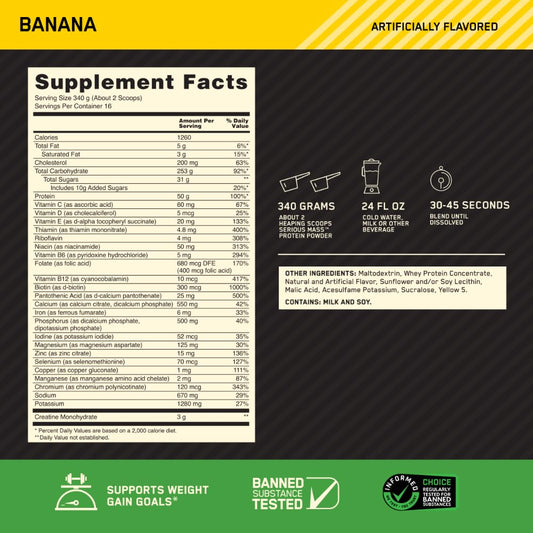 Optimum Nutrition Serious Mass shake in glass features banana flavor for post-workout fuel