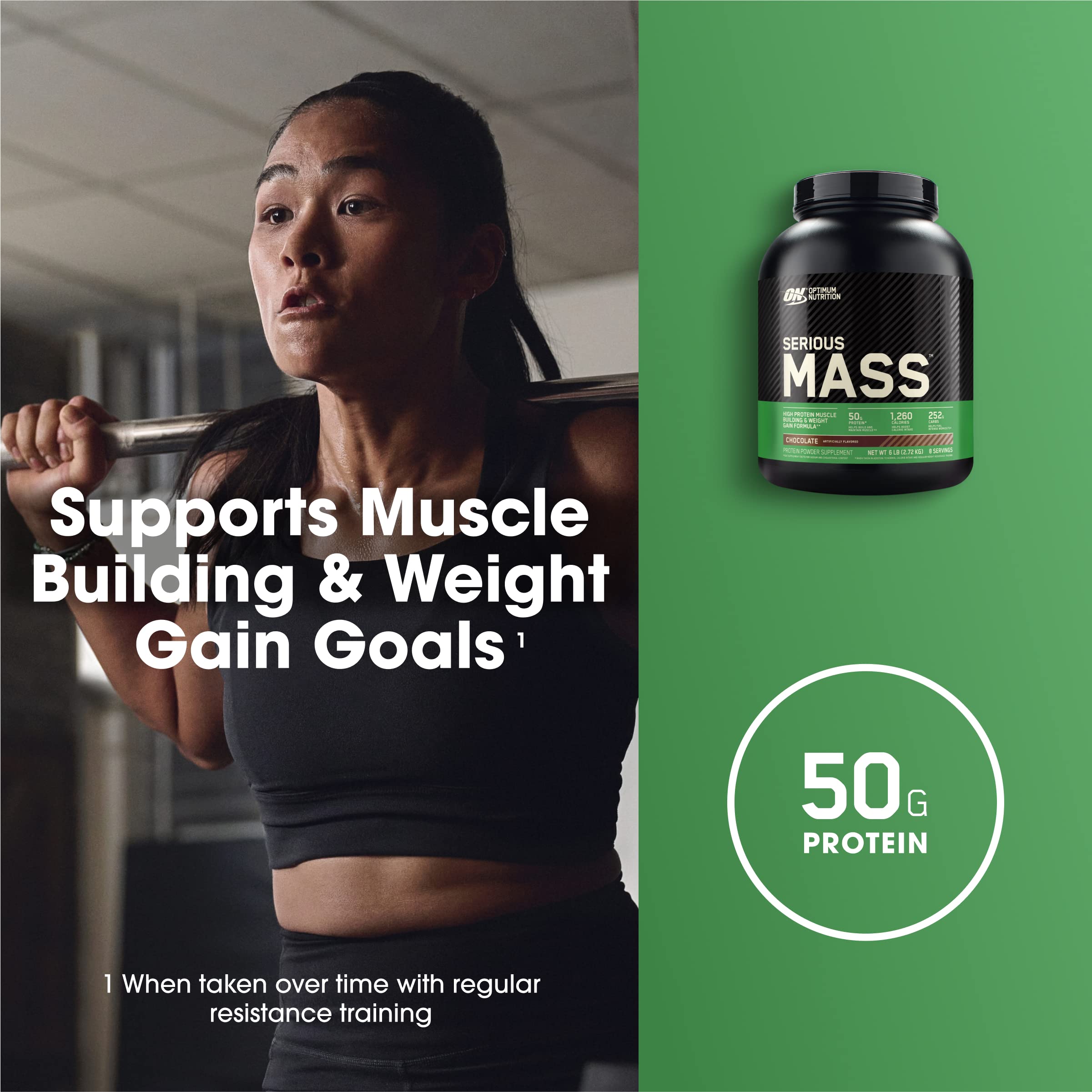 Optimum Nutrition Serious Mass spoon measuring serving for consistent calorie intake.