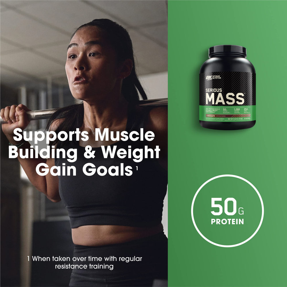 Optimum Nutrition Serious Mass spoon measuring serving for consistent calorie intake.