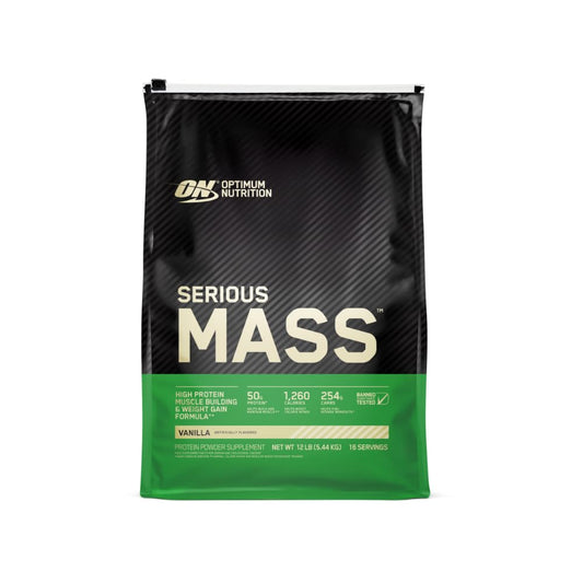 Optimum Nutrition Serious Mass vanilla bottle close-up for high-calorie weight gain support.