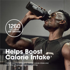 Optimum Nutrition Serious Mass vanilla with peanut butter and nuts for calorie boost.