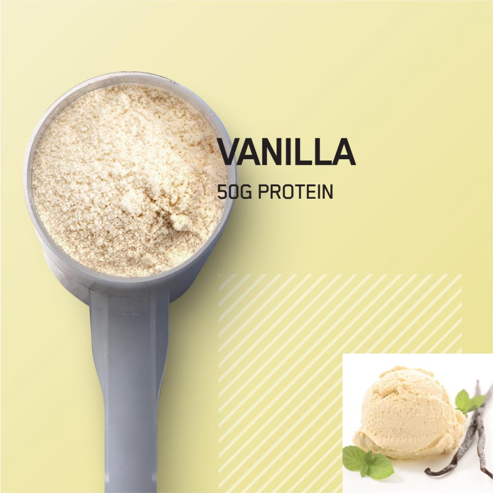 Optimum Nutrition Serious Mass vanilla serving scoop highlights protein-rich formula for recovery.