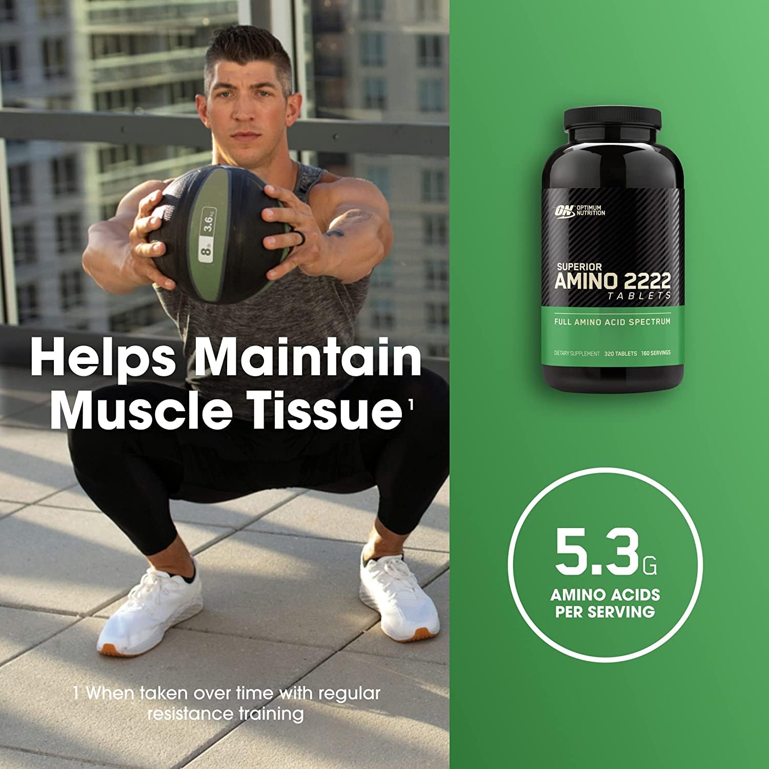 Optimum Nutrition Superior Amino 2222 bottle viewed from the side, 320-count supply