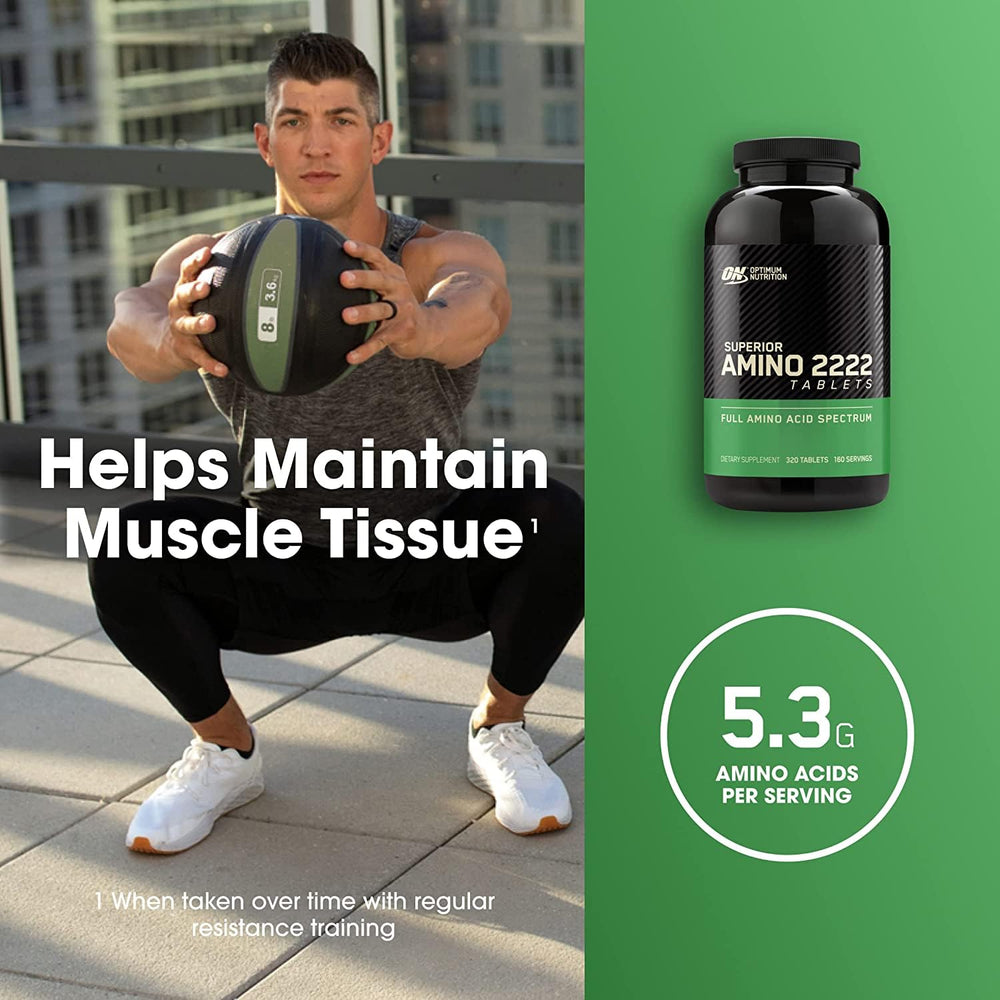 Optimum Nutrition Superior Amino 2222 bottle viewed from the side, 320-count supply