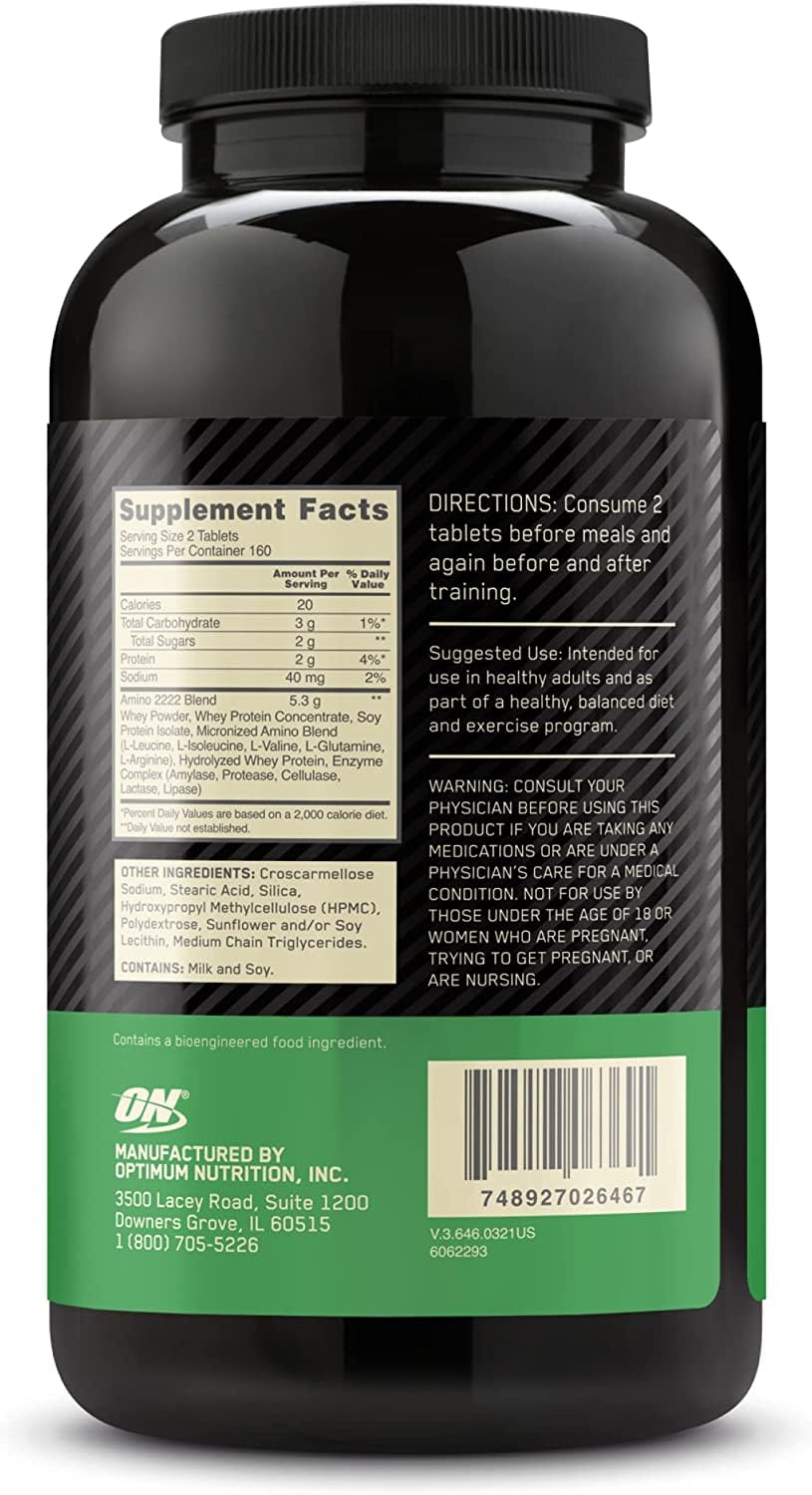 Tablets laid out to suggest compact, daily supplementation with Optimum Nutrition Superior Amino 2222