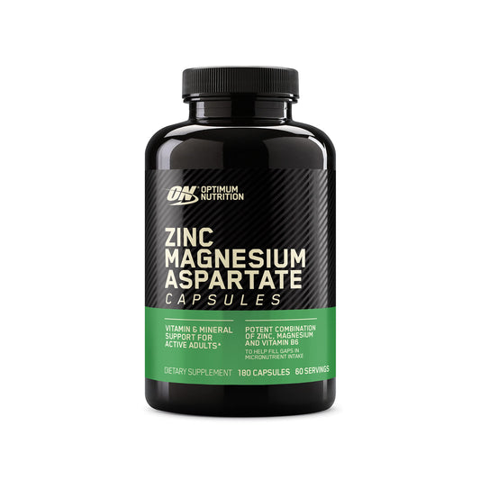 Optimum Nutrition Zinc Magnesium Aspartate bottle with tablets for daily energy support.