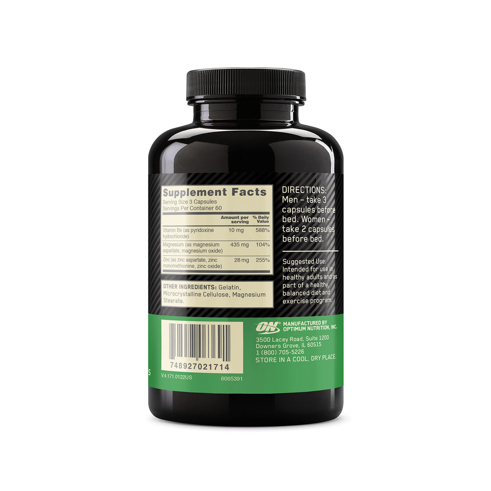 Optimum Nutrition Zinc Magnesium Aspartate bottle with nutrition facts for immune-support nutrients.