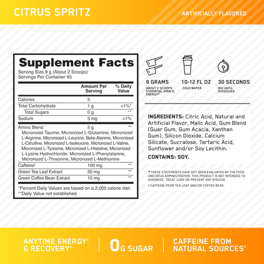 A shaker with Optimum Nutrition Amino Energy Citrus Spritz mix for focus