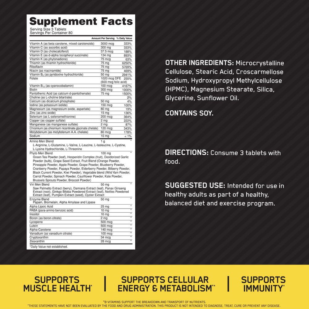 Optimum Nutrition Opti-Men bottle back view showing supplement facts and 80-day supply.