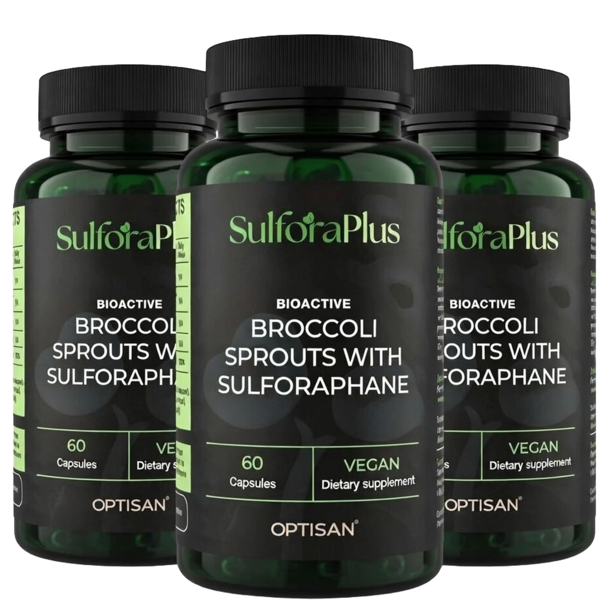 Optisan SulforaPlus bottle label showing 100% organic sprouts for daily immune support.