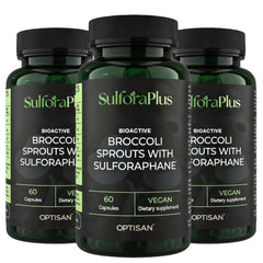 Optisan SulforaPlus bottle label showing 100% organic sprouts for daily immune support.