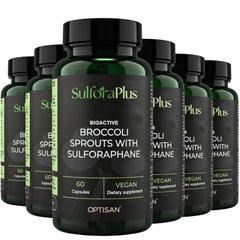 Optisan SulforaPlus bottle pours capsules for daily immune support.