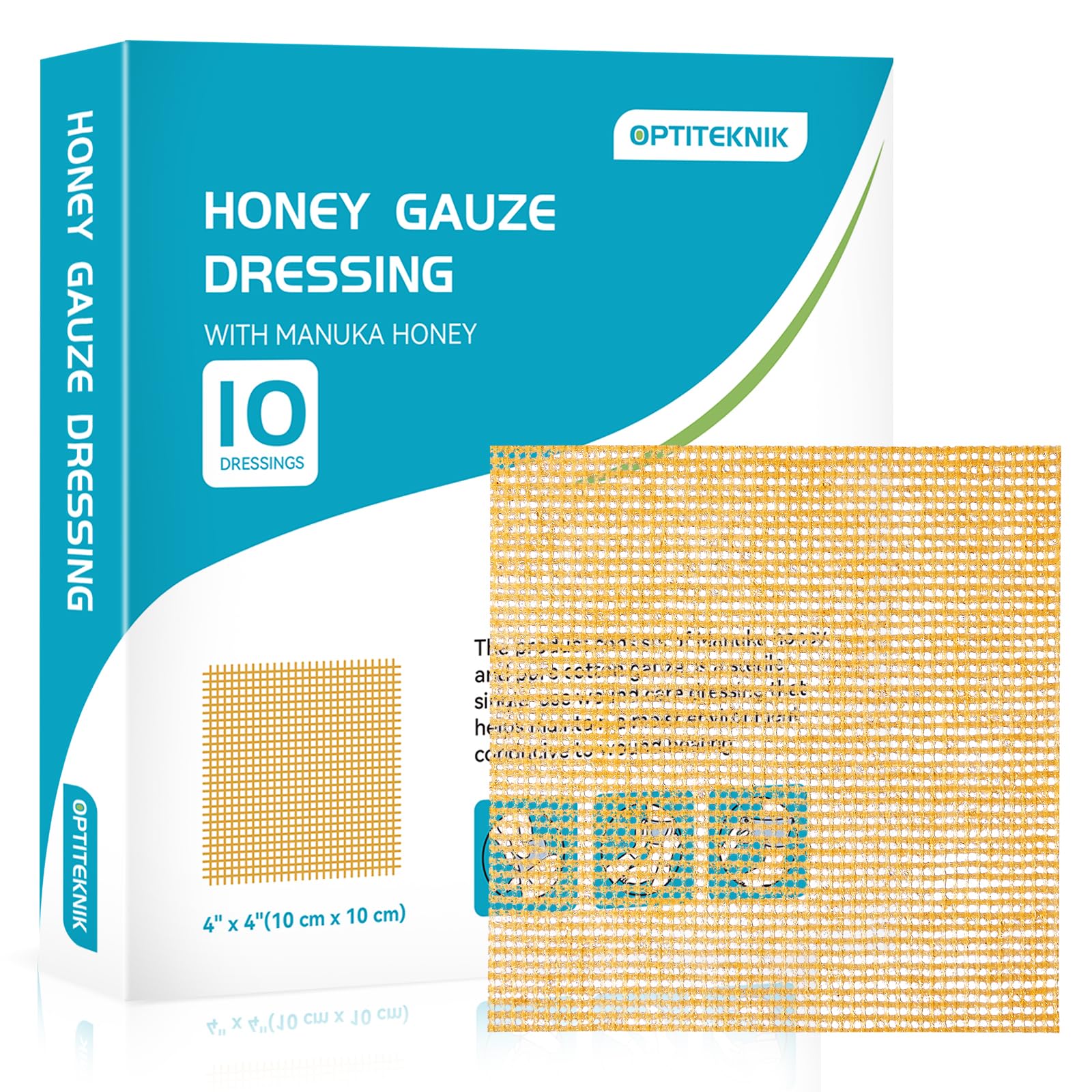 OPTITEKNIK Manuka honey gauze dressing 4x4 pack demonstrates non-stick moist wound coverage.