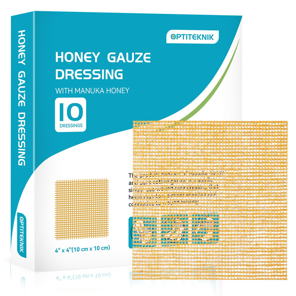 OPTITEKNIK Manuka honey gauze dressing 4x4 pack demonstrates non-stick moist wound coverage.