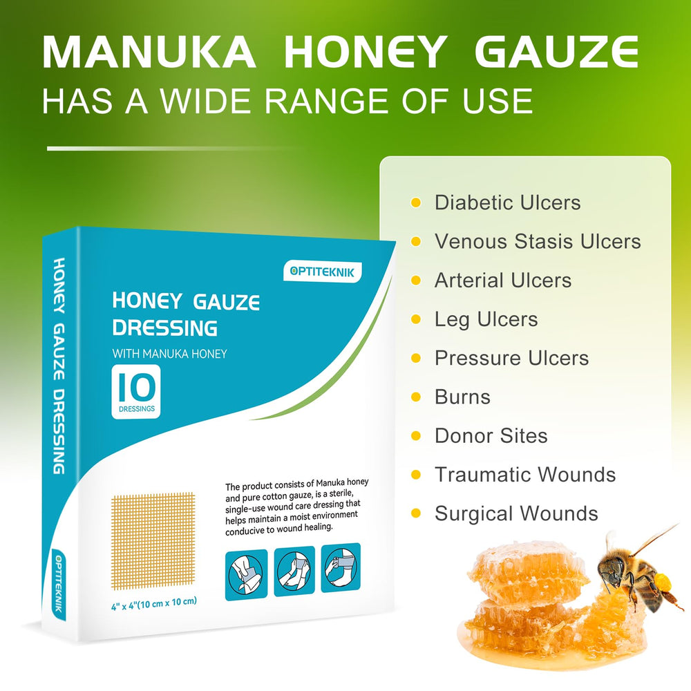 OPTITEKNIK New Zealand Manuka honey dressing in sterile packaging.