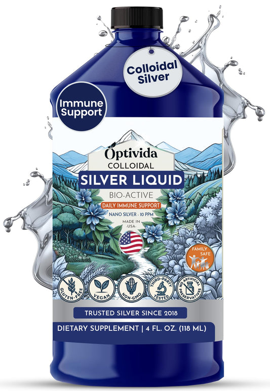Optivida colloidal silver liquid bottle close-up shows pure nano particles for daily wellness