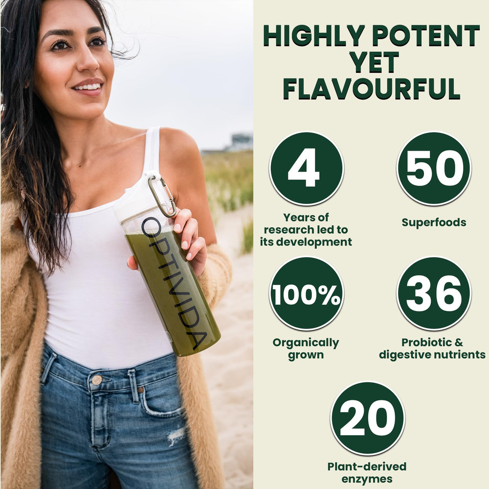OPTIVIDA daily greens in a glass ready for a balanced, nutrient-packed drink.