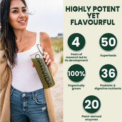 OPTIVIDA daily greens in a glass ready for a balanced, nutrient-packed drink.