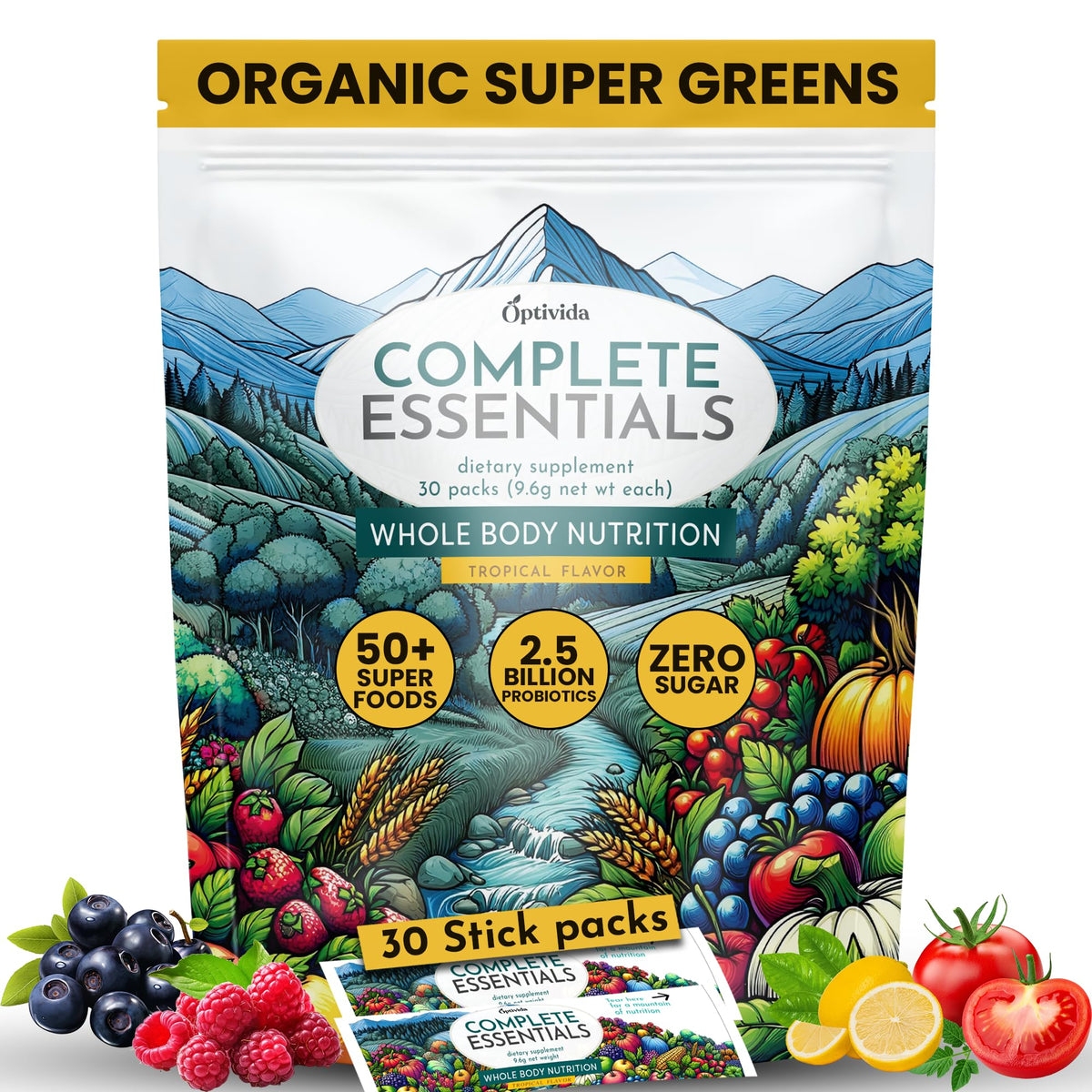 OPTIVIDA Fruits & Veggie Mix packets for daily greens with probiotics.