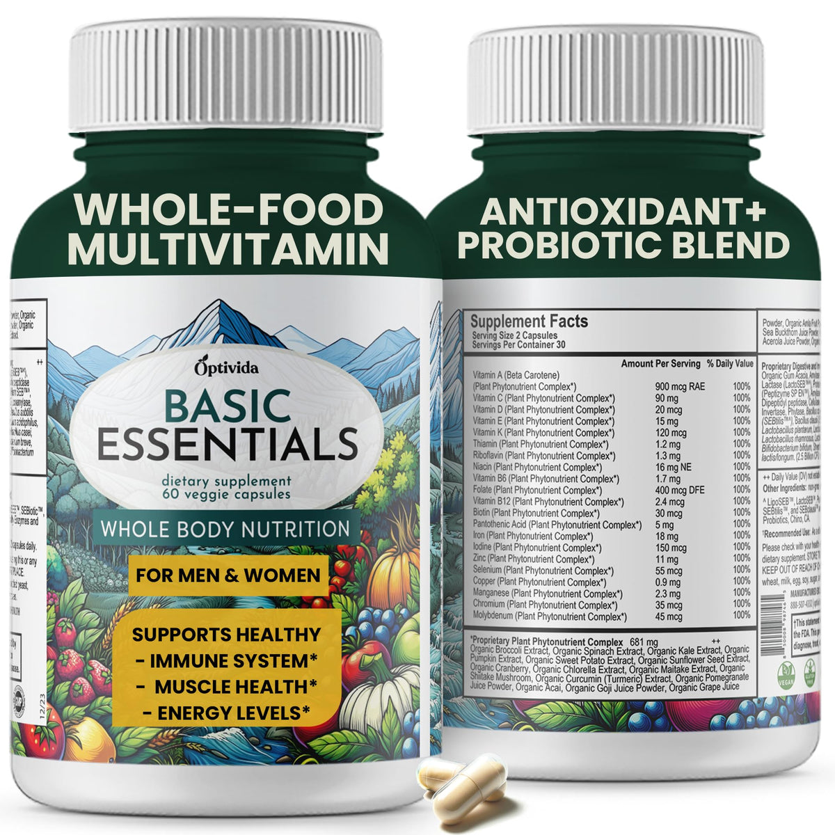 OPTIVIDA Organic Whole Food Multivitamin bottle for daily energy and immune support.