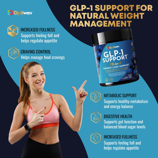 Optiwav 12-in-1 formula capsules highlighting metabolic support and natural actives.