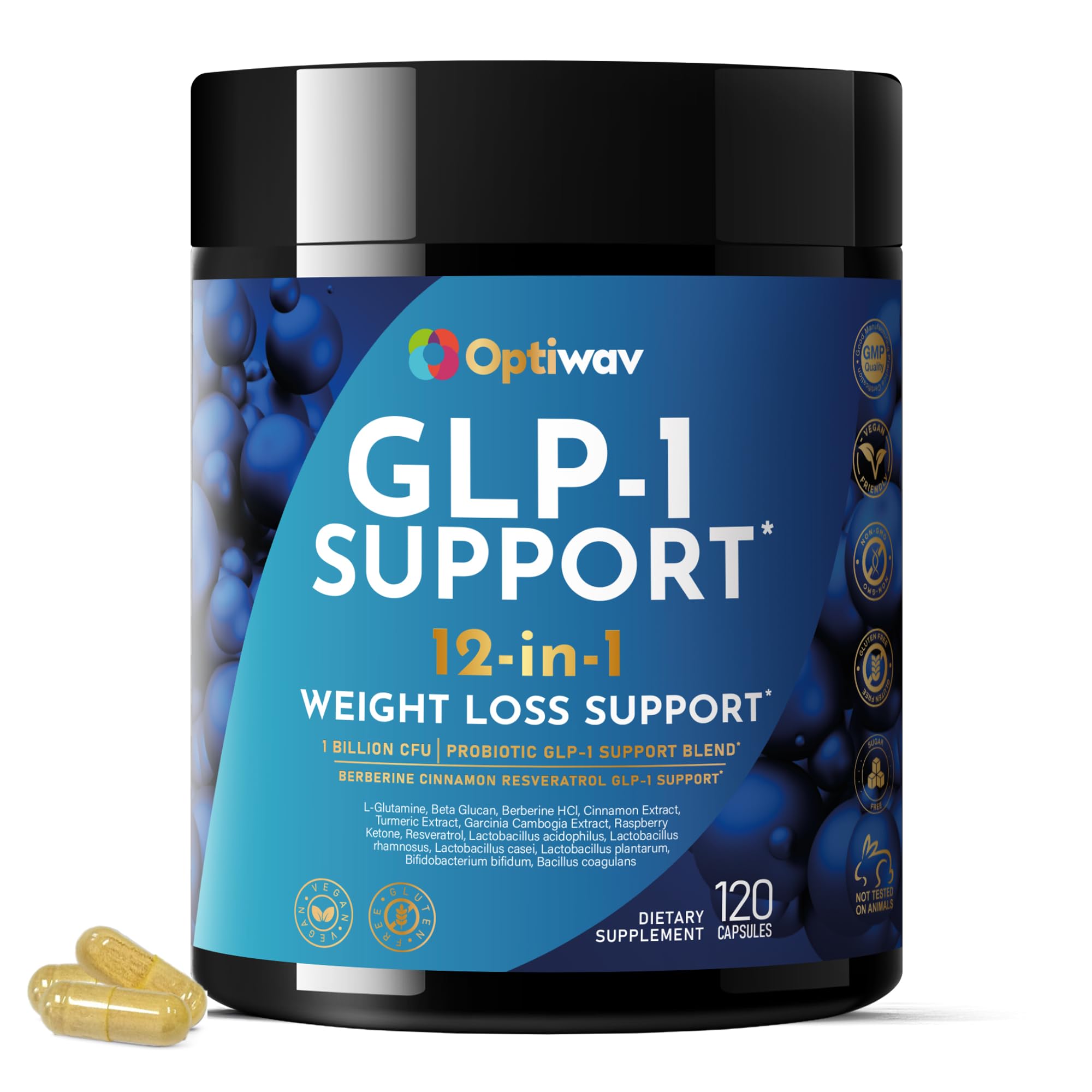 Optiwav GLP-1 Support bottle for daily appetite control and gut health.