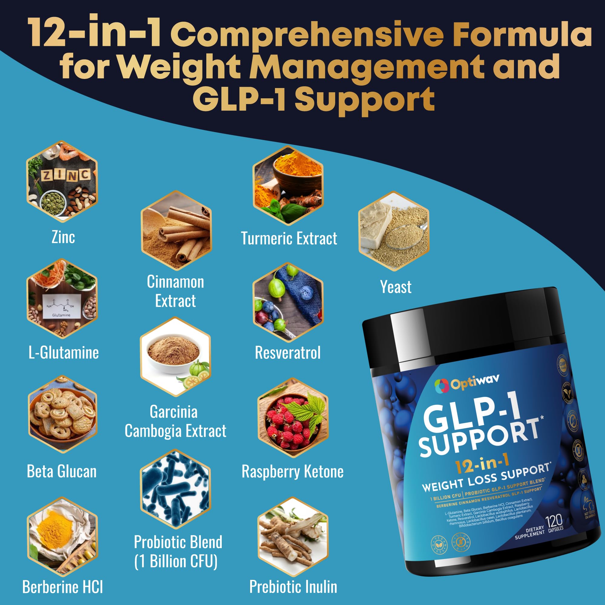 Optiwav probiotic CFU bottle close-up emphasizing gut balance and regularity.