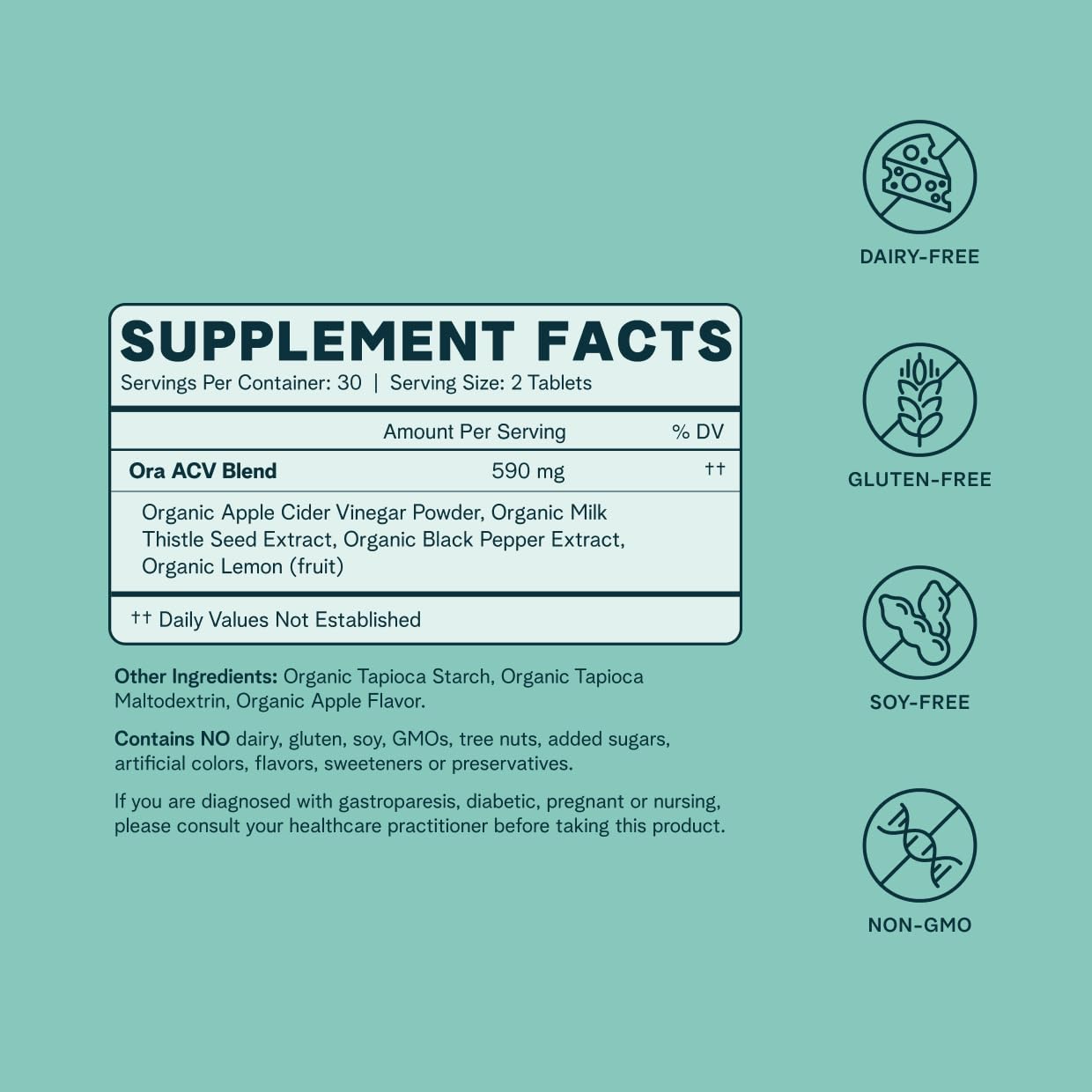 Ora Organic ACV pills bottle with lemon and milk thistle accents for antioxidants.
