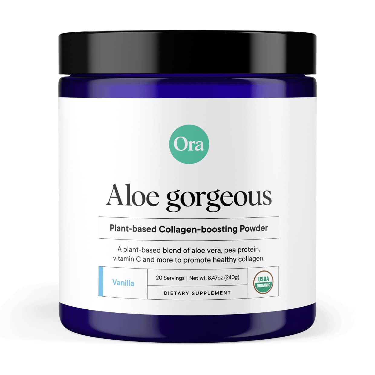 Ora Organic Aloe Gorgeous bottle with vegan collagen-boosting powder for radiant skin.