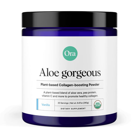 Ora Organic Aloe Gorgeous bottle with vegan collagen-boosting powder for radiant skin.
