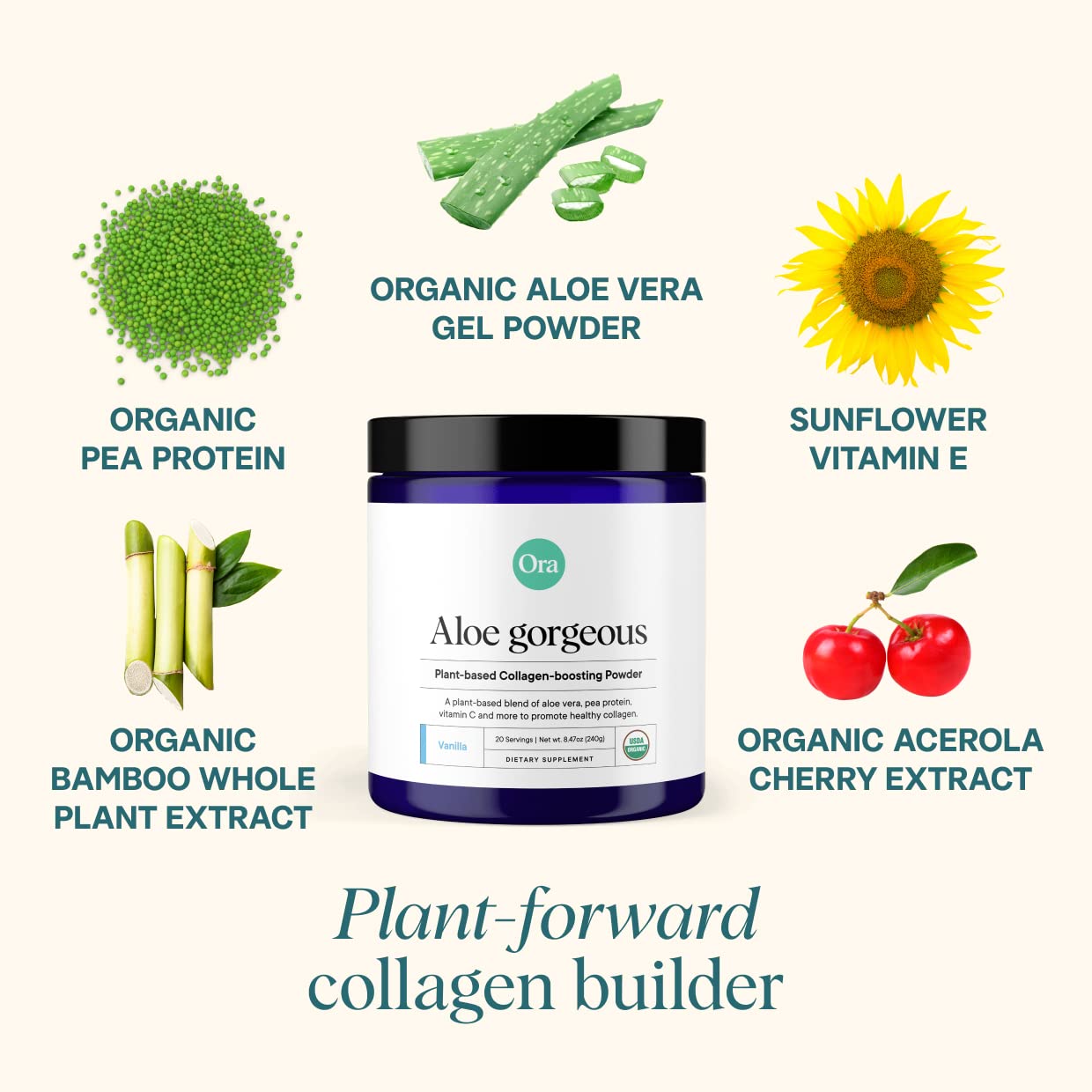 Ora Organic Aloe Gorgeous scoop in smoothie for convenient daily collagen support.