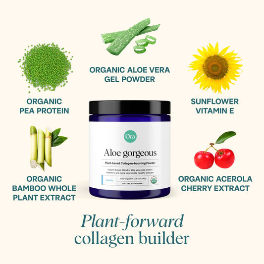 Ora Organic Aloe Gorgeous scoop in smoothie for convenient daily collagen support.