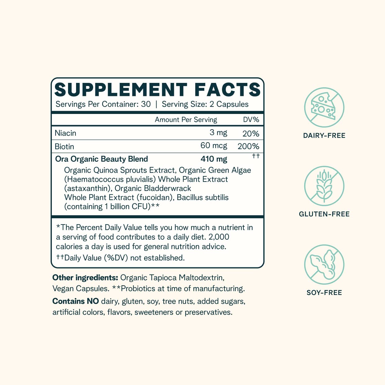 Ora Organic biotin-niacin-quinoa-sprouts close-up, plant-based B vitamins support natural energy.