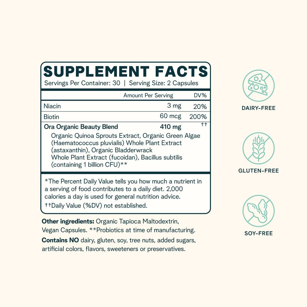Ora Organic biotin-niacin-quinoa-sprouts close-up, plant-based B vitamins support natural energy.