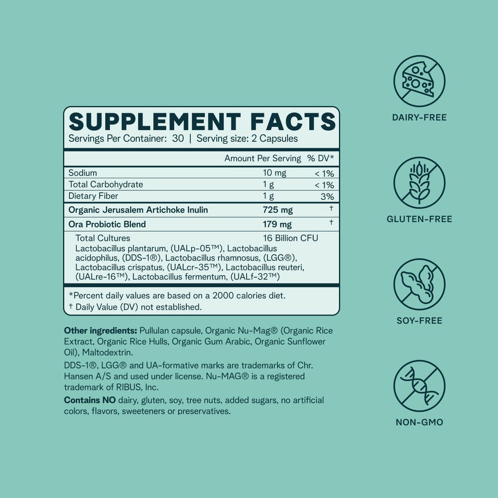 Ora Organic bottle label close-up emphasizing organic vegan ingredients and clean formulation.