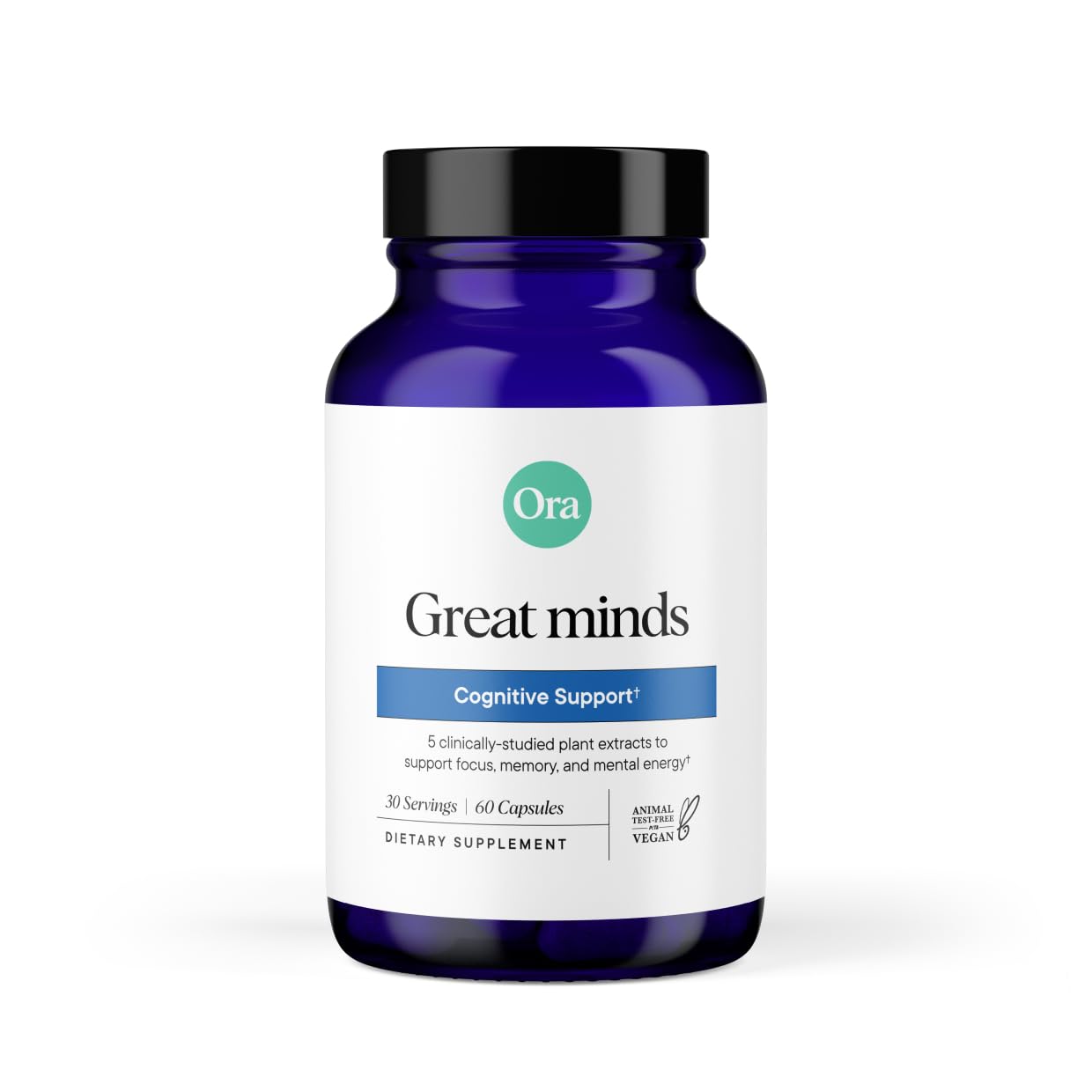 Ora Organic brain health supplement bottle showcases clean, stimulant-free focus support.